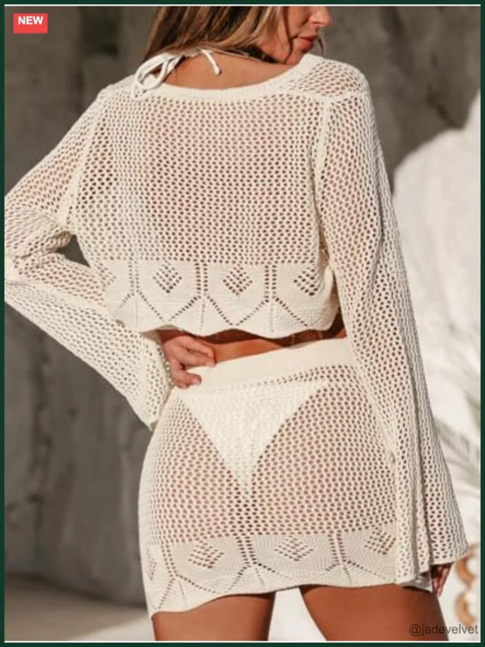Women Crochet Swim Cover Up Set Long Sleeve 2 Piece Beach Outfit